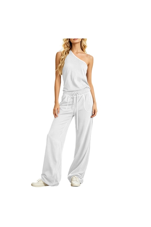 Two Piece Sets for Women One Shoulder Sleeveless Top Elastic Waist Wide Leg Pants Breathable Daily Casual Solid Outfit Summer Sets