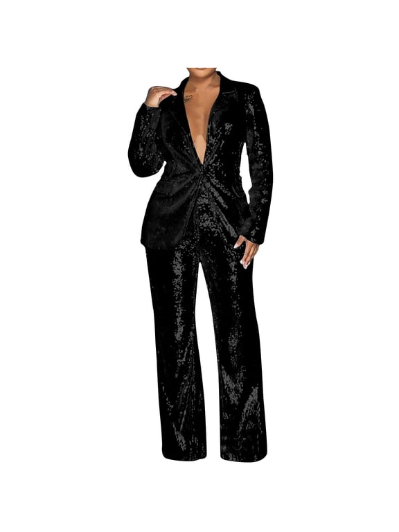 Two Piece Sets for Women Sequins Suits Business Work Blazer Suit Sets Trendy Jacket and Pants Outfits, Black, XL