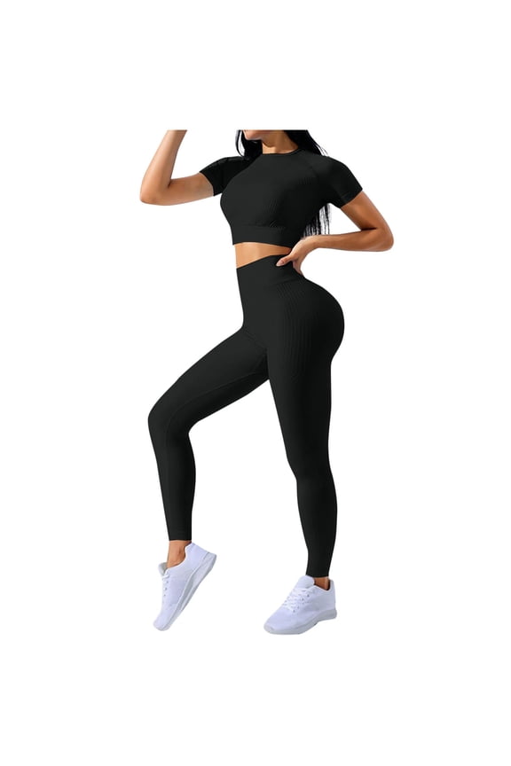 Two Piece Yoga Outfit Sets for Women Casual Cropped Short Sleeve Tops and Slim Fit Tummy Control Pants 2 Pcs Tracksuits Set, Black, S