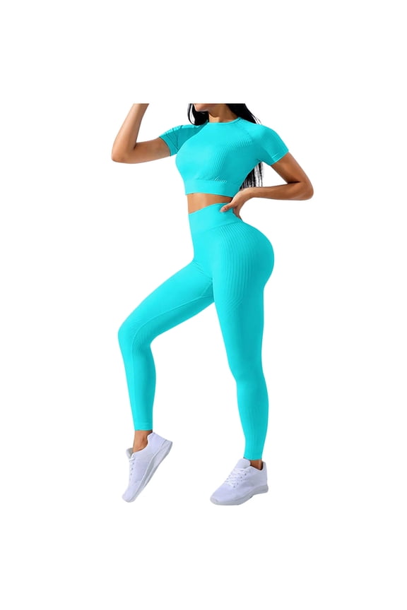 Two Piece Yoga Outfit Sets for Women Casual Cropped Short Sleeve Tops and Slim Fit Tummy Control Pants 2 Pcs Tracksuits Set, Green, M