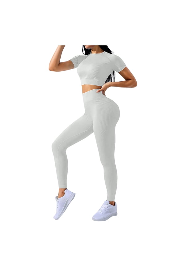 Two Piece Yoga Outfit Sets for Women Casual Cropped Short Sleeve Tops and Slim Fit Tummy Control Pants 2 Pcs Tracksuits Set, Silver, S