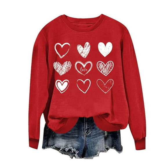 Erwazi Valentine Shirts for Women Love Heart Printed Valentines Sweatshirt Long Sleeve Crewneck Pullover Sweatshirts Tops