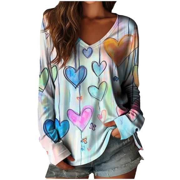 Erwazi Valentines Gradient T-Shirts for Womens Heart Printed Casual Long Sleeve V Neck Tee Tops Valentine Day Gifts Clothes