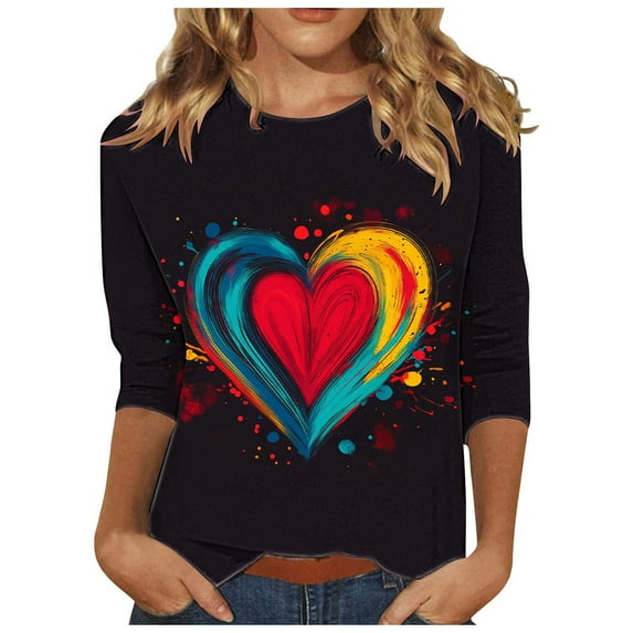Erwazi Valentines Shirts Women 3/4 Sleeve Love Heart Cute Graphic Tees Valentines Day Tops Crew Neck Holiday T-Shirt