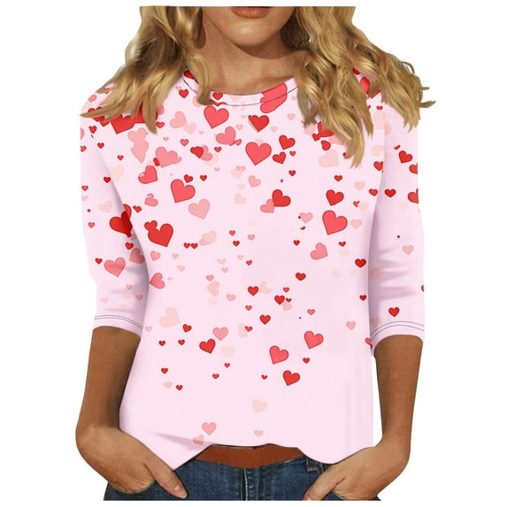 Erwazi Valentines Shirts Women 3/4 Sleeve Love Heart Cute Graphic Tees Valentines Day Tops Crew Neck Holiday T-Shirt
