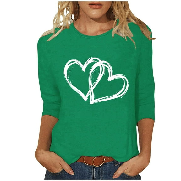 Erwazi Valentines Shirts for Women 3/4 Sleeve T-Shirts Love Heart Cute Graphic Valentines Day Tops Crew Neck Holiday Tees