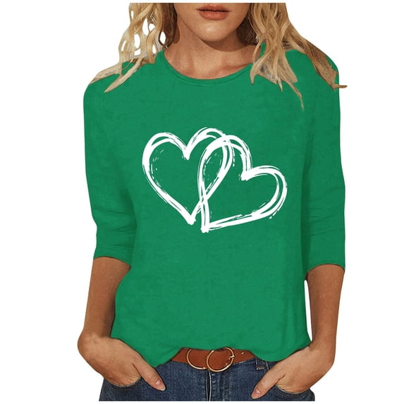 Erwazi Valentines Shirts for Women 3/4 Sleeve T-Shirts Love Heart Cute Graphic Valentines Day Tops Crew Neck Holiday Tees