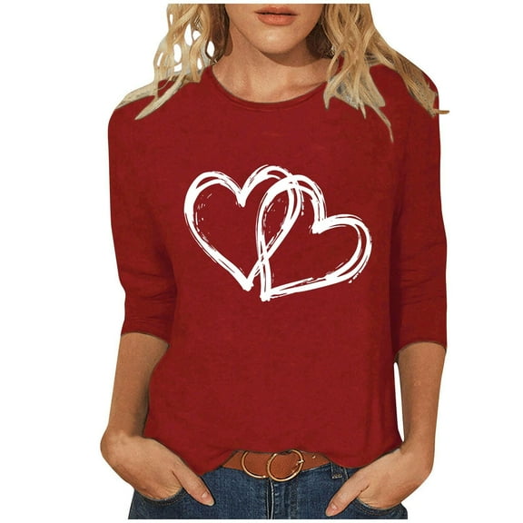 Erwazi Valentines Shirts for Women 3/4 Sleeve T-Shirts Love Heart Cute Graphic Valentines Day Tops Crew Neck Holiday Tees