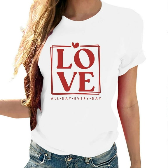 Erwazi Valentines Shirts for Women Love Heart Cute Graphic Valentines Day Tops Short Sleeve T-Shirts Crew Neck Holiday Tees White