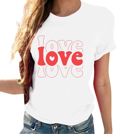 Erwazi Valentines Shirts for Women Love Heart Cute Graphic Valentines Day Tops Short Sleeve T-Shirts Crew Neck Holiday Tees White