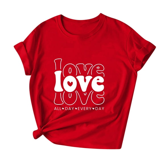 Erwazi Valentines Shirts for Women Short Sleeve T-Shirts Love Heart Cute Graphic Valentines Day Tops Crew Neck Holiday Tees Red