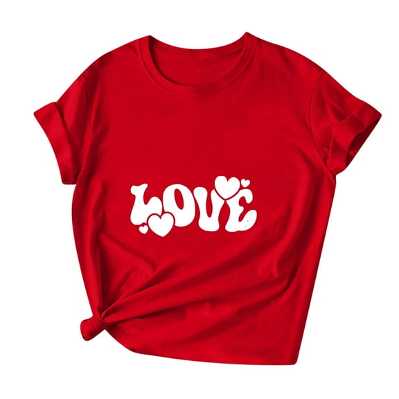 Erwazi Valentines Shirts for Women Short Sleeve T-Shirts Love Heart Cute Graphic Valentines Day Tops Crew Neck Holiday Tees Red