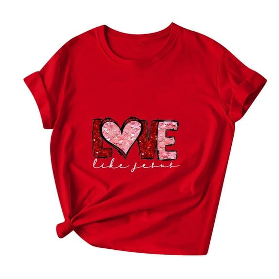 Erwazi Valentines Shirts for Women Short Sleeve T-Shirts Love Heart Cute Graphic Valentines Day Tops Crew Neck Holiday Tees Red