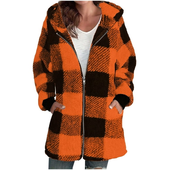 Erwazi Winter Fleece Jacket for Women Zipper Hooded Casual Fuzzy Coats Plaid Warm Outerwear with Pockets