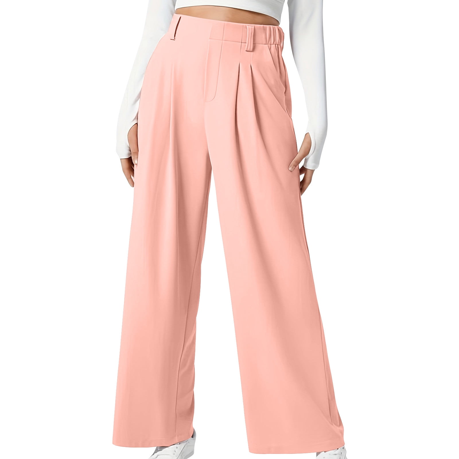 Women High Waist Casual Wide Leg Pants Waffle Knit Long Palazzo Pants Loose Business Work Office Trousers with Pockets
