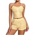 thumbnail image 1 of Erwazi Women Hollow Out Pajama Sets Spaghetti Strap Ruffle Tank Top Elastic Waist Shorts 2 Piece Loungewear Set, 1 of 5