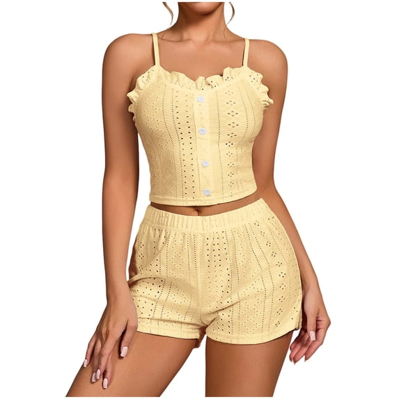 Erwazi Women Hollow Out Pajama Sets Spaghetti Strap Ruffle Tank Top Elastic Waist Shorts 2 Piece Loungewear Set