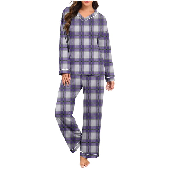 Erwazi Women Printing Pajama Set V-neck Long Sleeved T-Shirt Casual Loose Pants Two-Piece Pjs Comfy Loungewear Travel Matching Pj Sets