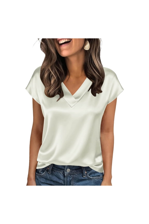 Women Silk Satin Tops Cap Short Sleeve V Neck Shirts Summer Business Casual Blouse