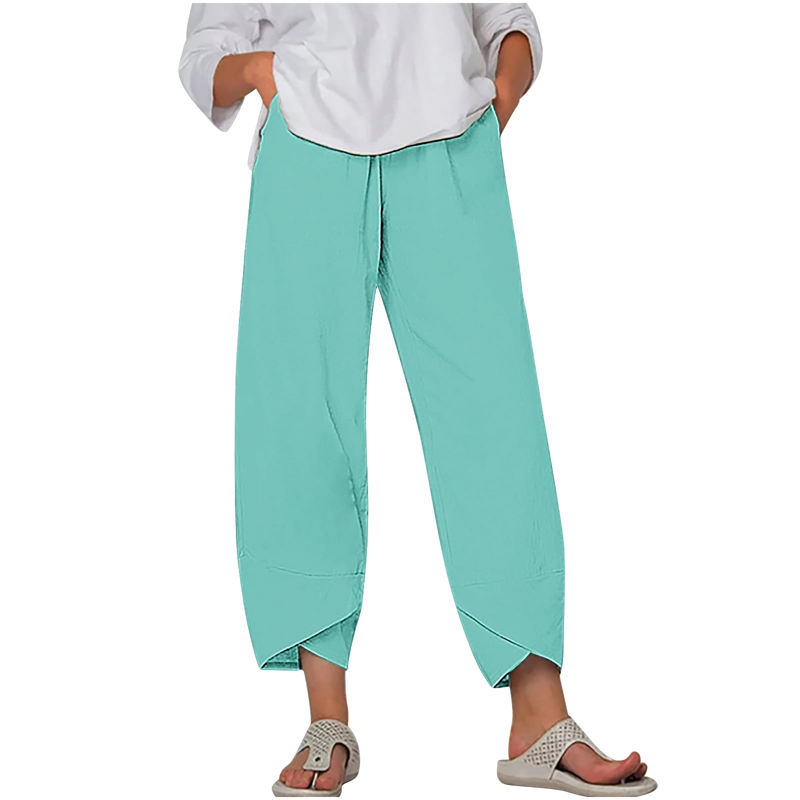 Erwazi Women Wide Leg Pants Comfy Solid Color Casual Loose Elastic ...