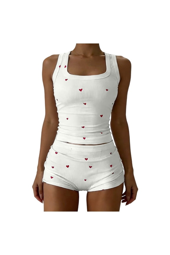 Women's 2 Piece Cami Loungewear Soft Tank Top Pajama Shorts Heart Print Pjs Set