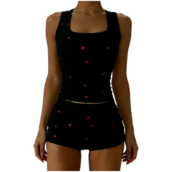 Erwazi Women's 2 Piece Cami Loungewear Soft Tank Top Pajama Shorts Heart Print Pjs Set