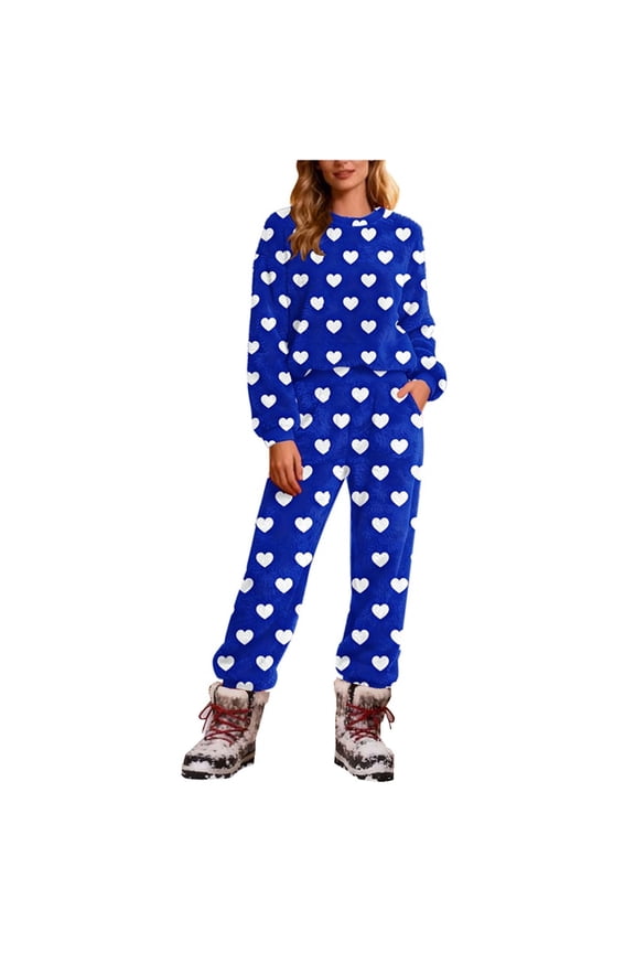 Women's 2 Piece Pjs Fleece Fuzzy Loungewear Warm Set Pattern Casual Long Sleeve Tops and Pants Sets