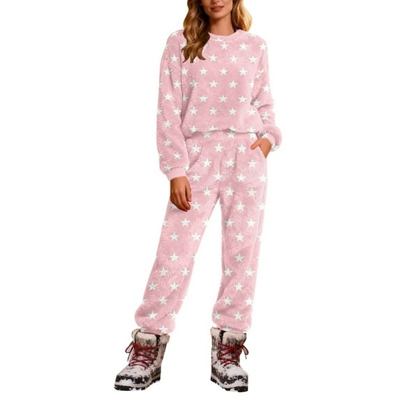 Erwazi Women's 2 Piece Pjs Fleece Fuzzy Loungewear Warm Set Pattern Casual Long Sleeve Tops and Pants Sets