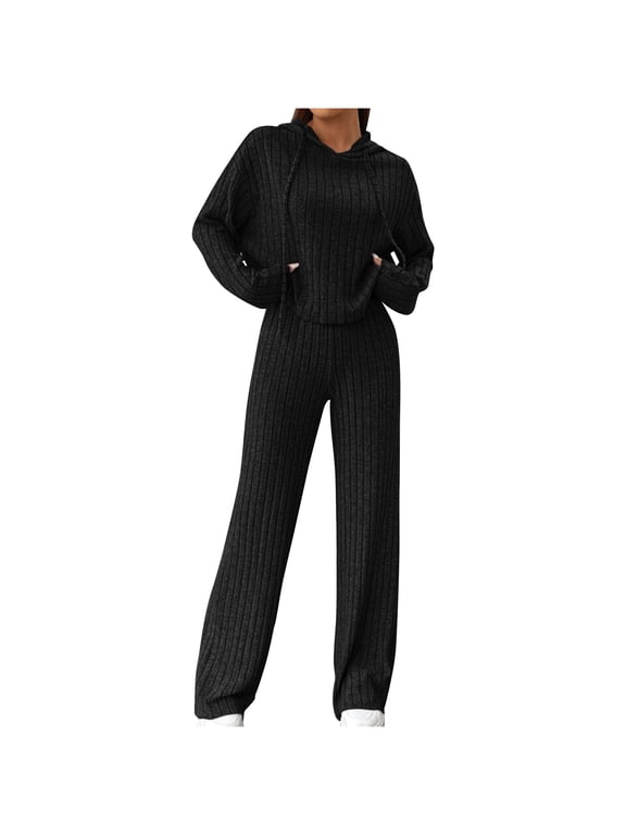 Women's 2 Piece Solid Ribbed Knit Striped Crew Neck Long Sleeve Casual Pants Sweater Set