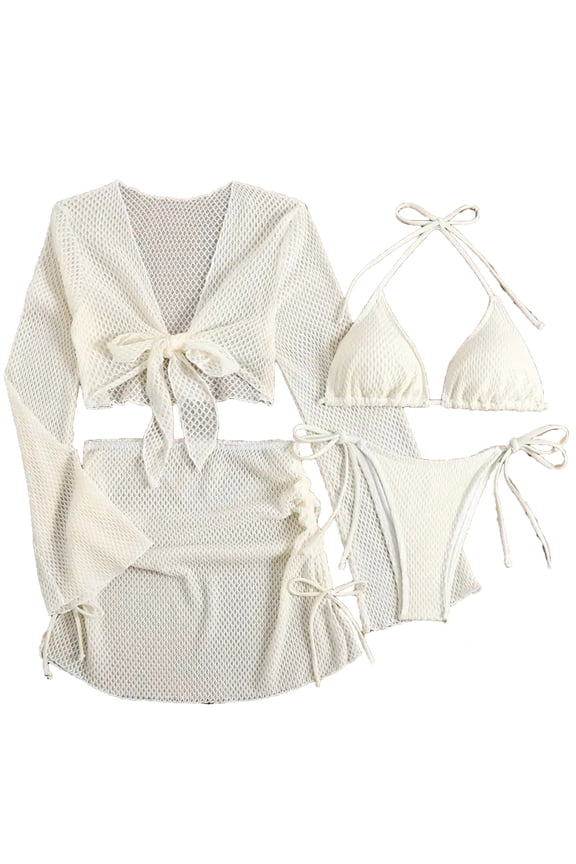 Women's 4 Piece Drawstring Bikini Swimsuit Set Cover Up Skirt&Top Beach Summer Bathing Suit