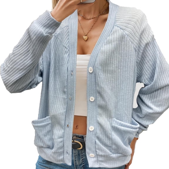 Erwazi Women's Button Down Knit Cardigan Solid Color Long Sleeved Shirt Top with Pocket