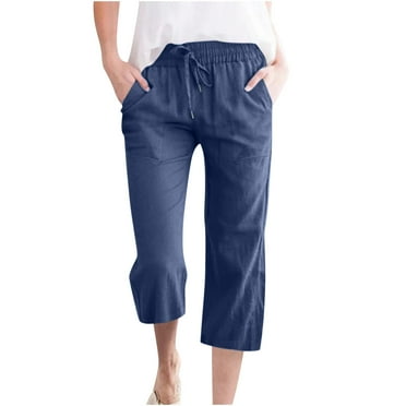 Erwazi Women's Capri Pants Loose Soft Drawstring Cotton Linen Causal Lounge Pants with Pockets