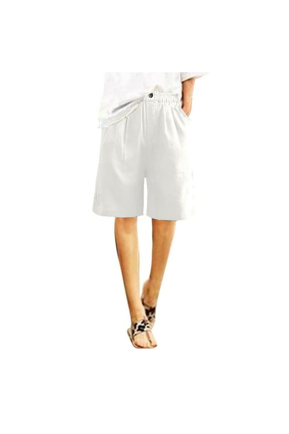 Women's Casual Bermuda Shorts Elastic Waist Cotton Linen Shorts with Pockets