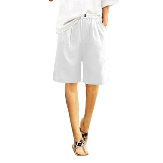 Erwazi Women's Casual Bermuda Shorts Elastic Waist Cotton Linen Shorts with Pockets