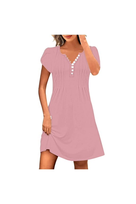 Women's Casual Summer Dresses Short Sleeve Boho Beach Sundresses Pleated Button A-Line Flowy Dress with Pockets