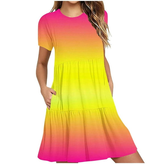 Erwazi Women's Casual Summer Dress Short Sleeve T Shirt Dress Gradient Print Tiered Swing Mini Dresses with Pockets