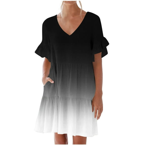 Erwazi Dresses for Women Summer V Neck Ruffle Sleeve A Line Tiered Flowy Casual Mini Beach Dress with Pockets