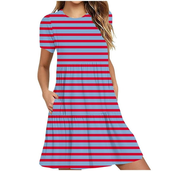 Erwazi Women's Casual Summer Dress Short Sleeve T Shirt Dress Printed Tiered Swing Mini Dresses with Pockets