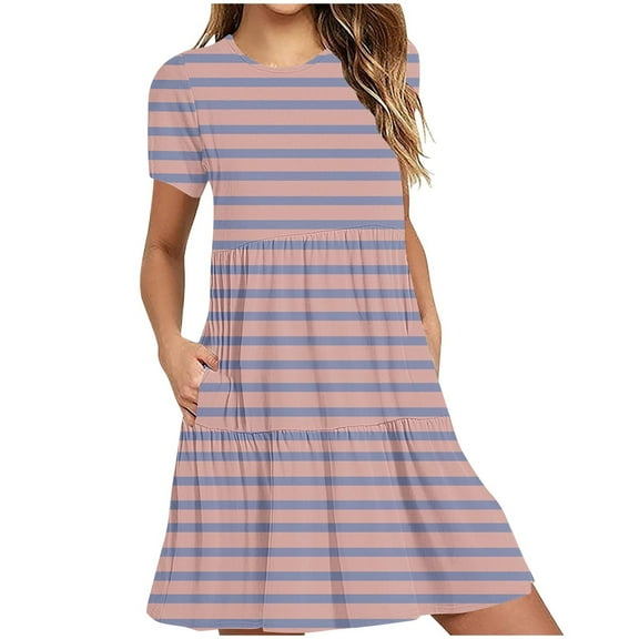 Erwazi Women's Casual Summer Dress Short Sleeve T Shirt Dress Printed Tiered Swing Mini Dresses with Pockets