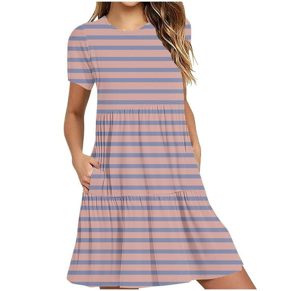 Erwazi Women's Casual Summer Dress Short Sleeve T Shirt Dress Printed Tiered Swing Mini Dresses with Pockets