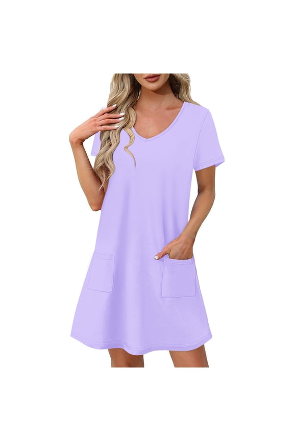 Women's Casual Summer Dress Short Sleeve T Shirt Dress Swing Flowy Beach Mini Dresses with Pockets