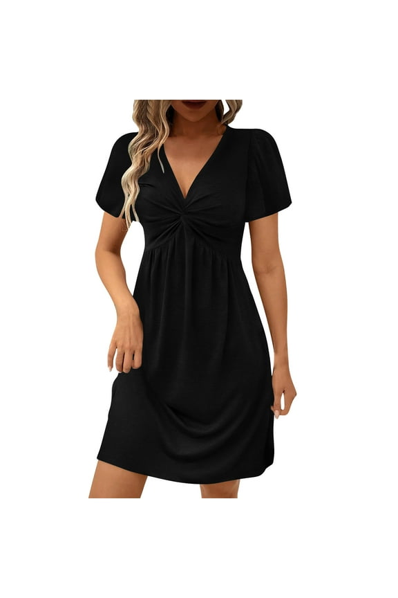 Women's Casual Summer Dress Short Sleeve V-Neck T Shirt Dress Twist Front Flowy Mini Dresses
