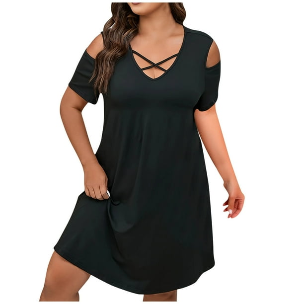 Erwazi Women s Casual Summer Plus Size Dress Cold Shoulder Short Sleeve T Shirt Dress Nightgown Loose Solid Color Flowy Mini Dresses