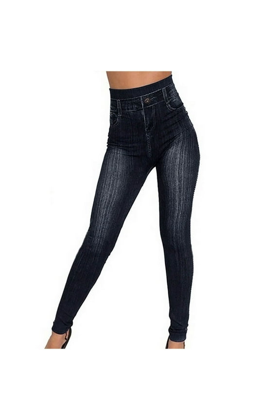 Women's Cotton Leggings Denim Printed Long Yoga Pant High Waisted Elastic Pencil Pants