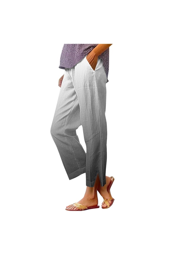 Women's Cotton Linen Pants Split Hem Elastic Waist Printed Straight Leg with Pocket