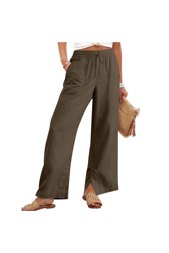 Women's Cotton Linen Solid Pants Pleated Drawstring Waist Loose Split Hem Summer Pant with Pockets