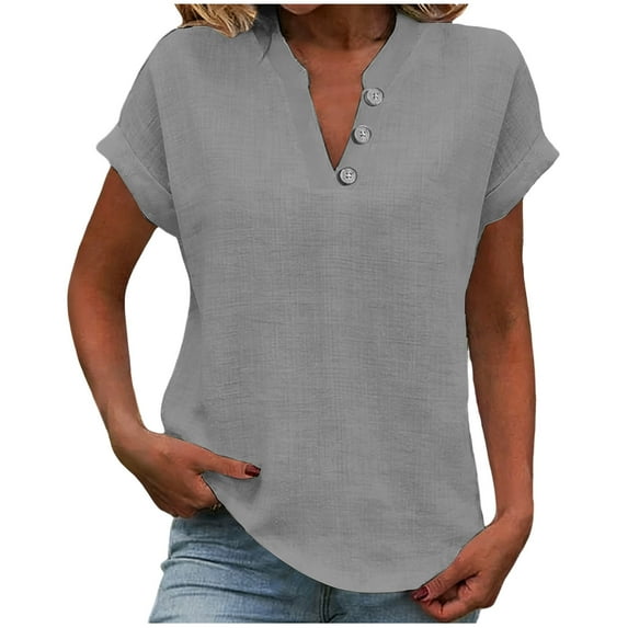 Erwazi Women's Cotton Linen T-Shirt Solid Button V-Neck Loose Fit Casual Shirt Top