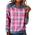 thumbnail image 1 of Erwazi Women's Denim Patchwork Sweatshirt Plaid Crewneck Turn Down Collar Long Sleeve Pullover Top, 1 of 4