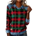 thumbnail image 1 of Erwazi Women's Denim Patchwork Sweatshirt Plaid Crewneck Turn Down Collar Long Sleeve Pullover Top, 1 of 5
