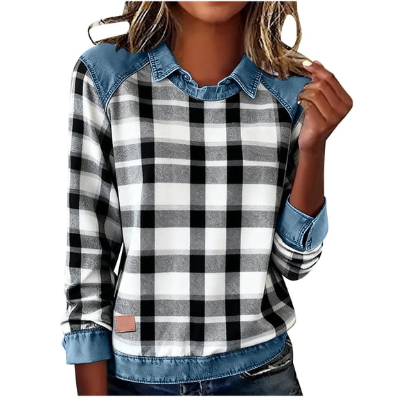 Erwazi Women's Denim Patchwork Sweatshirt Plaid Crewneck Turn Down Collar Long Sleeve Pullover Top